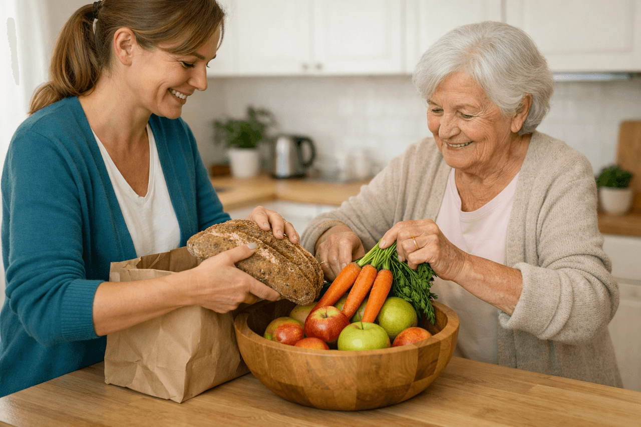 Eine Alltagshelferin und eine ältere Frau packen Brot, Möhren und Äpfel aus einer Papiertüte in eine Holzschale