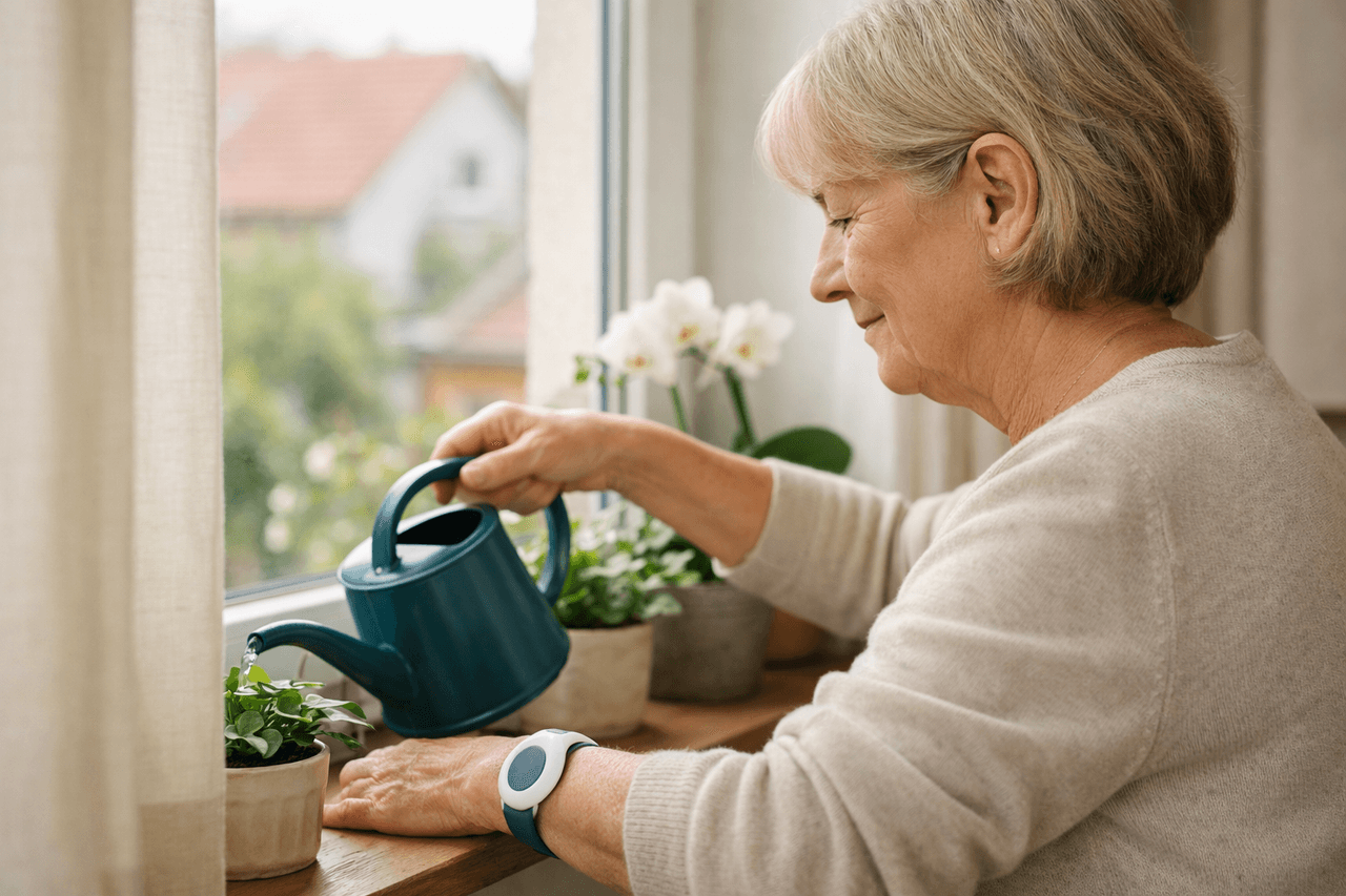 Ältere Frau gießt Pflanzen am Fenster und trägt am Handgelenk ein Armband mit Notrufknopf