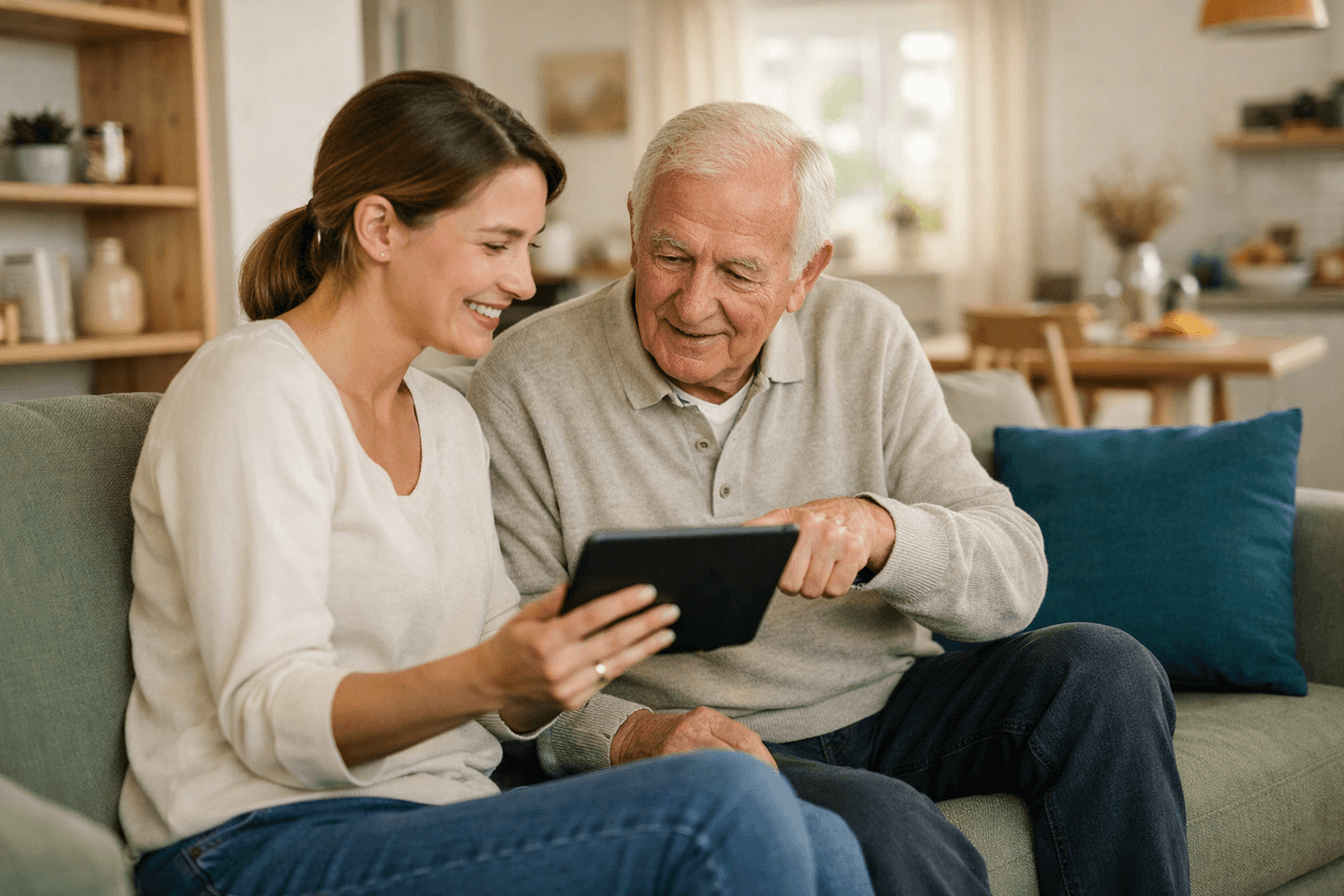 Tochter und älterer Vater sitzen auf einem grünen Sofa und schauen gemeinsam auf ein Tablet, der Vater zeigt darauf