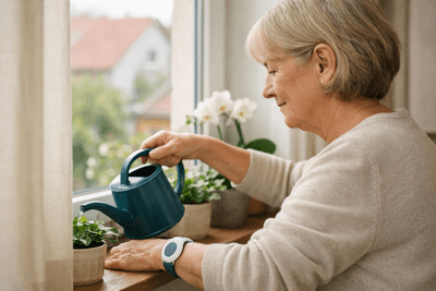 Ältere Frau gießt Pflanzen am Fenster und trägt am Handgelenk ein Armband mit Notrufknopf