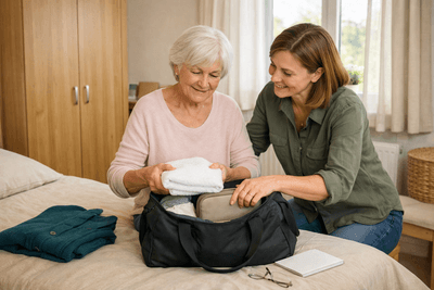 Ältere Frau und ihre Tochter packen auf einem Bett in einem hellen Einzelzimmer eine Reisetasche aus, daneben eine petrolfarbene Strickjacke