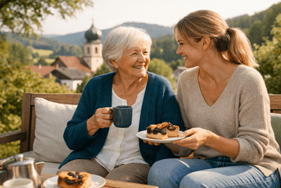 Ältere Frau in petrolfarbener Strickjacke und ihre Enkelin sitzen mit Kaffee und Zwetschgenkuchen auf einer Gartenbank, im Hintergrund ein bayerisches Dorf mit Zwiebelturm und Hügeln