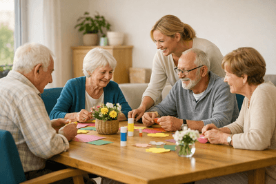 Vier ältere Menschen basteln mit einer Betreuerin an einem Holztisch mit buntem Papier und Blumen in einem hellen Gruppenraum