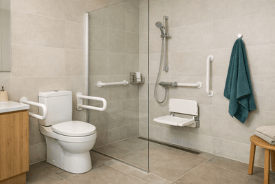 Barrierefreies Bad mit bodengleicher Dusche hinter Glaswand, Klappsitz an der Wand, weißen Haltegriffen an Toilette und Dusche und einem petrolfarbenen Handtuch